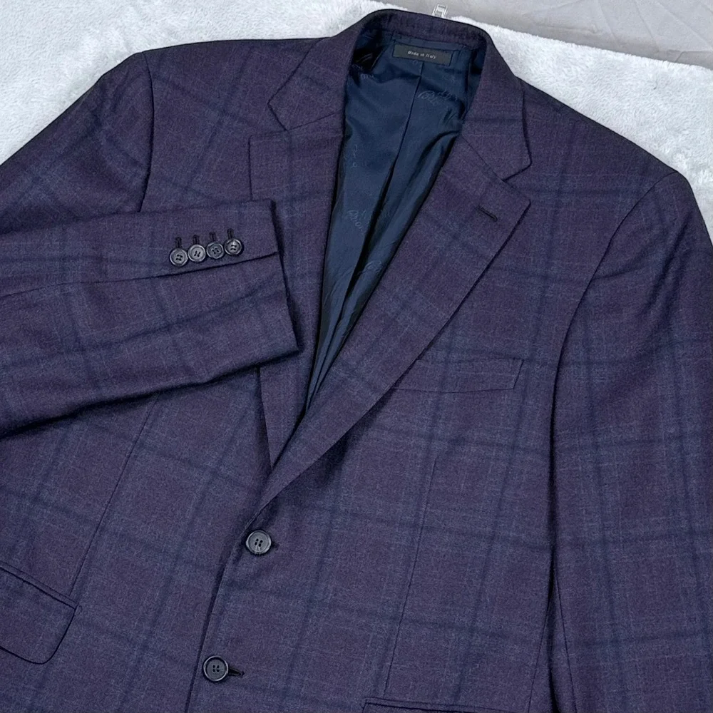 Brioni Colosseo Flannel Wool Sport Coat Men 42R Purple Plaid Blazer Jacket Italy